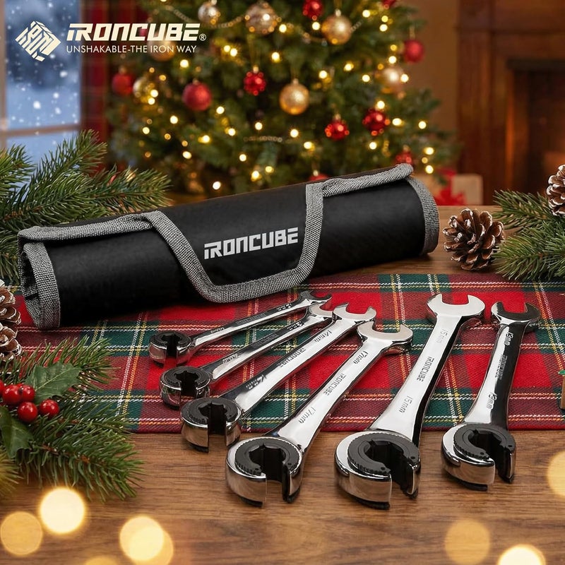 ironcube Brake Line Wrench Set: Metric 10-17mm - Ratcheting Open-end for Nuts on Fuel, Brake or Air Conditioning Lines - Image 2